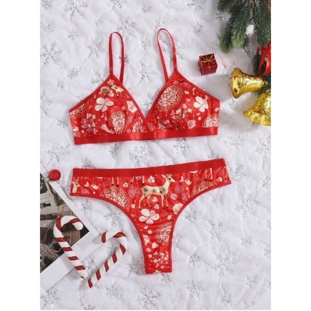 16 Plus (2X)  Red Christmas Print  2 Piece Lingerie Set
